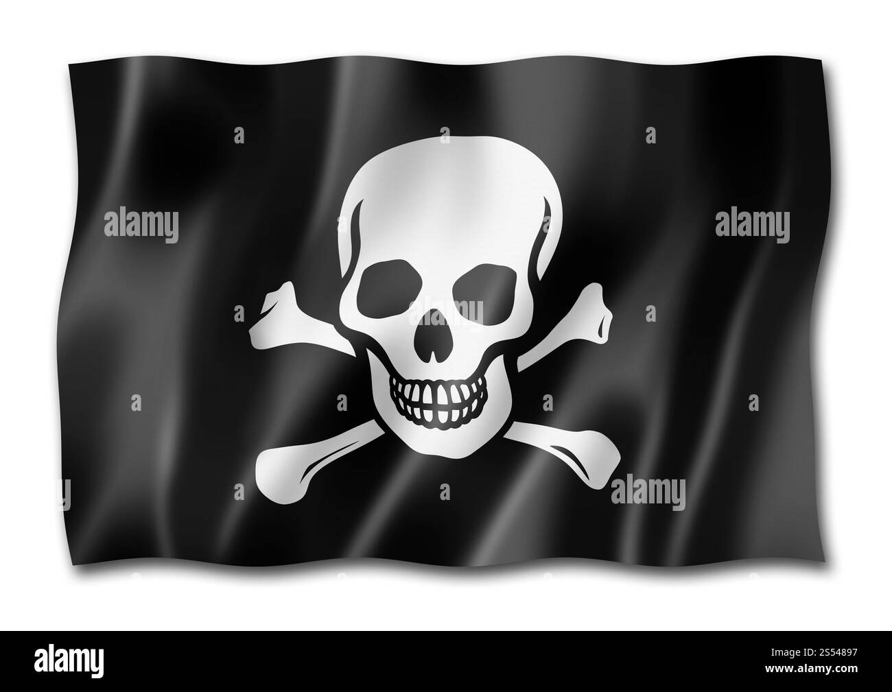 Bandiera dei pirati, Jolly Roger, resa tridimensionale, isolata sul bianco. Bandiera dei pirati, Jolly Roger isolata sul bianco Foto Stock