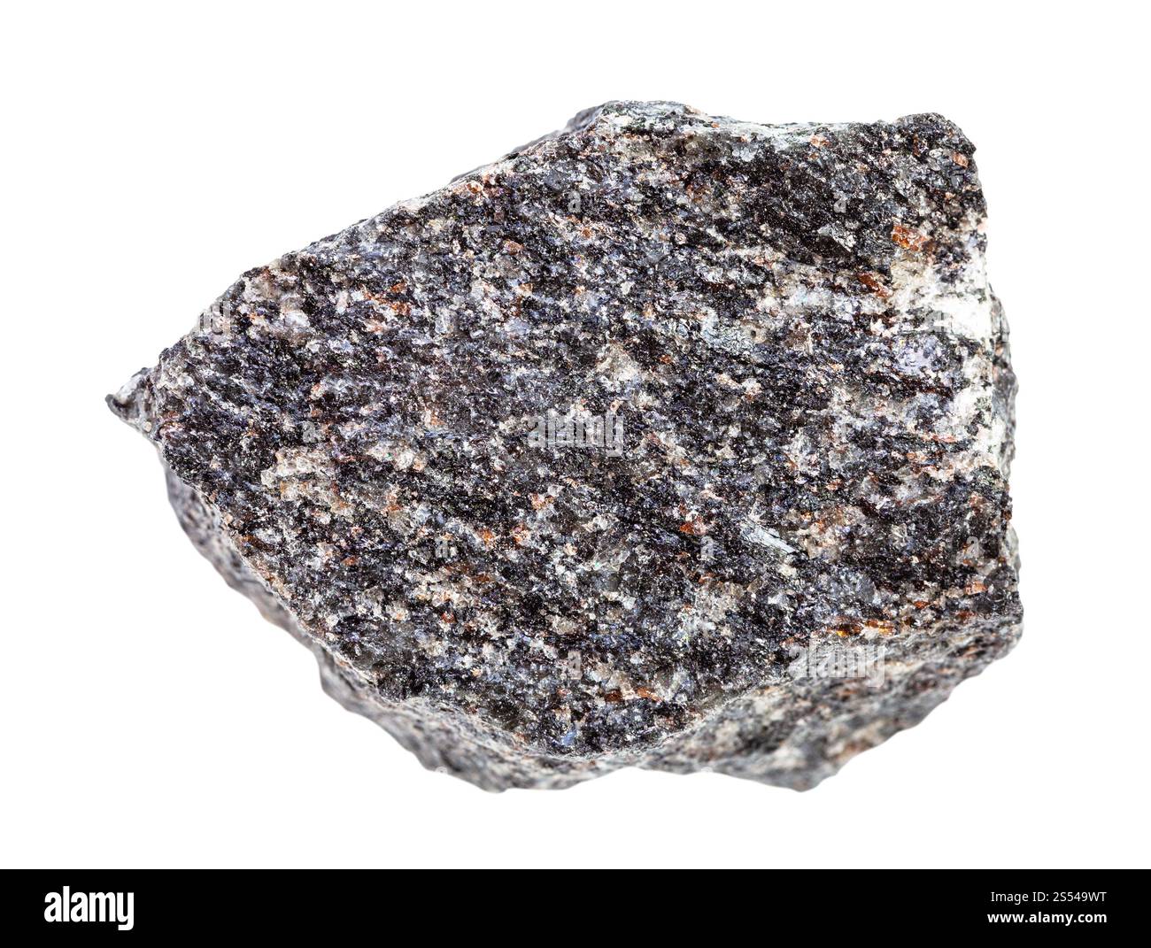 primo piano di un campione di minerale naturale proveniente dalla raccolta geologica - pezzo di roccia nefelina di sienite grezza isolato su sfondo bianco. pezzo di crudo Foto Stock