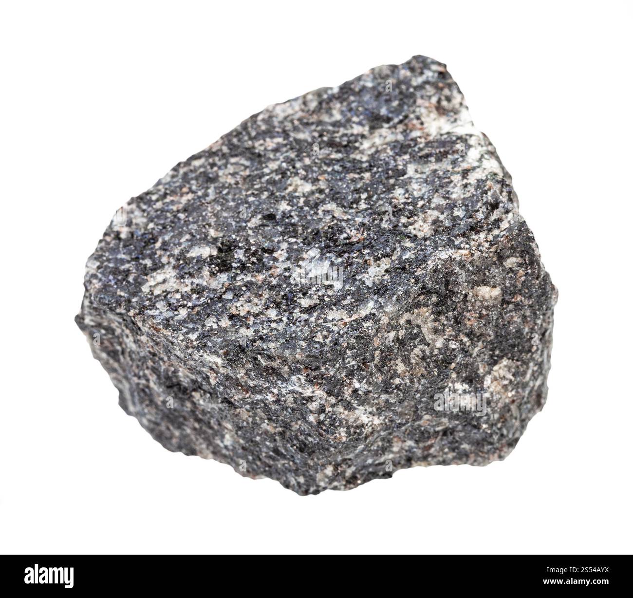 primo piano di un campione di minerale naturale proveniente dalla raccolta geologica - roccia nefelina di sienite isolata su sfondo bianco. sienite nefelina ruvida Foto Stock