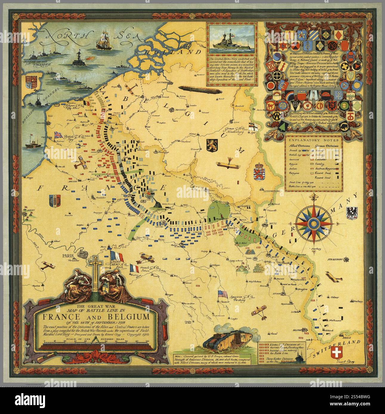 Mappa illustrata d'epoca della Battle line in Francia e Belgio il 25 settembre 1918. Mappa della prima guerra mondiale di Ernest Clegg Foto Stock