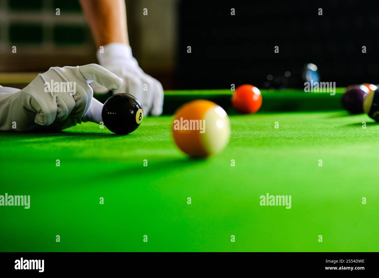 Mans mano e braccio cue giocano a biliardo o si preparano a sparare palle da biliardo su un tavolo da biliardo verde. Palline da biliardo colorate sul fregio verde Foto Stock