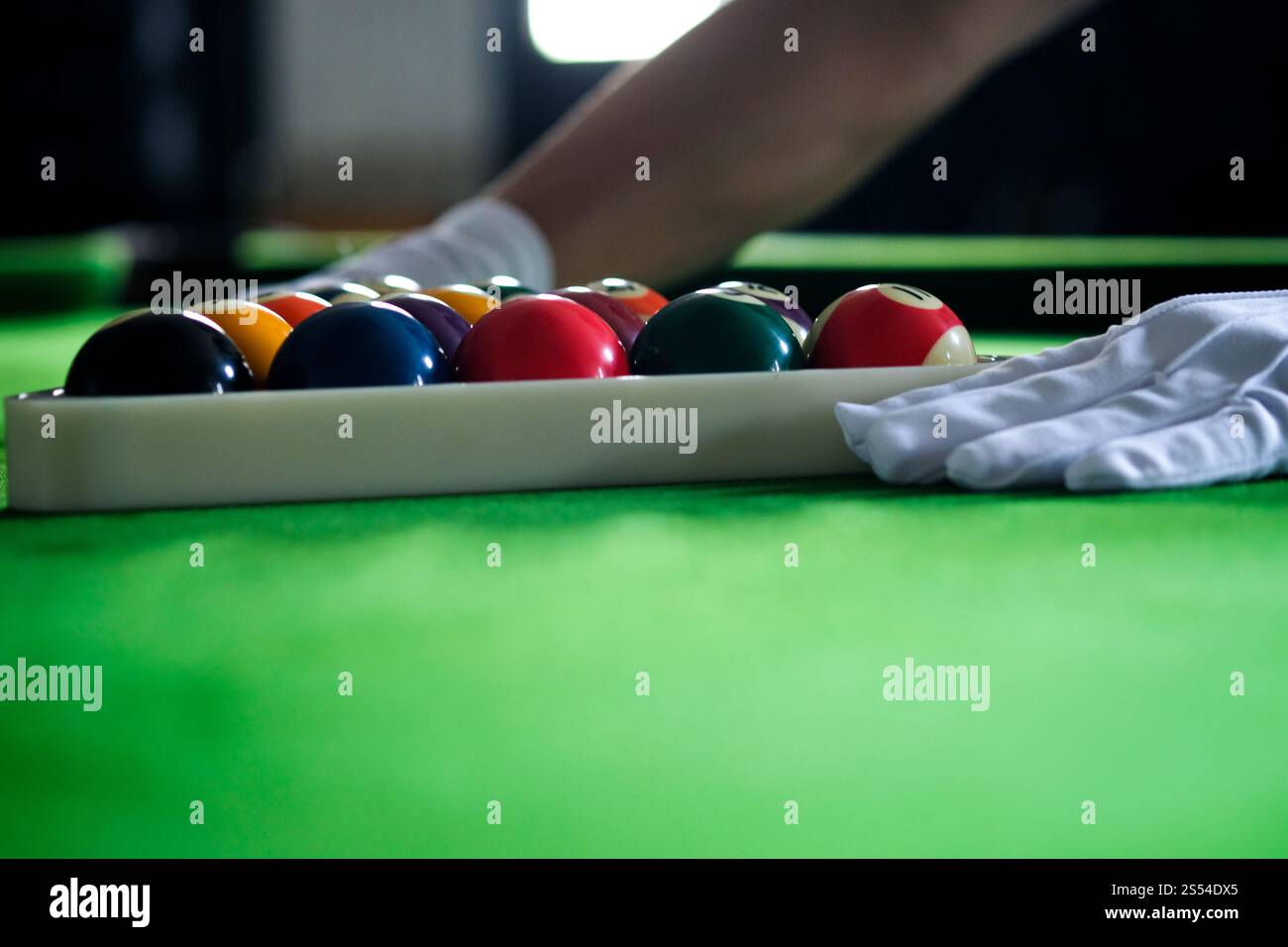 Mans mano e braccio cue giocano a biliardo o si preparano a sparare palle da biliardo su un tavolo da biliardo verde. Palline da biliardo colorate sul fregio verde Foto Stock