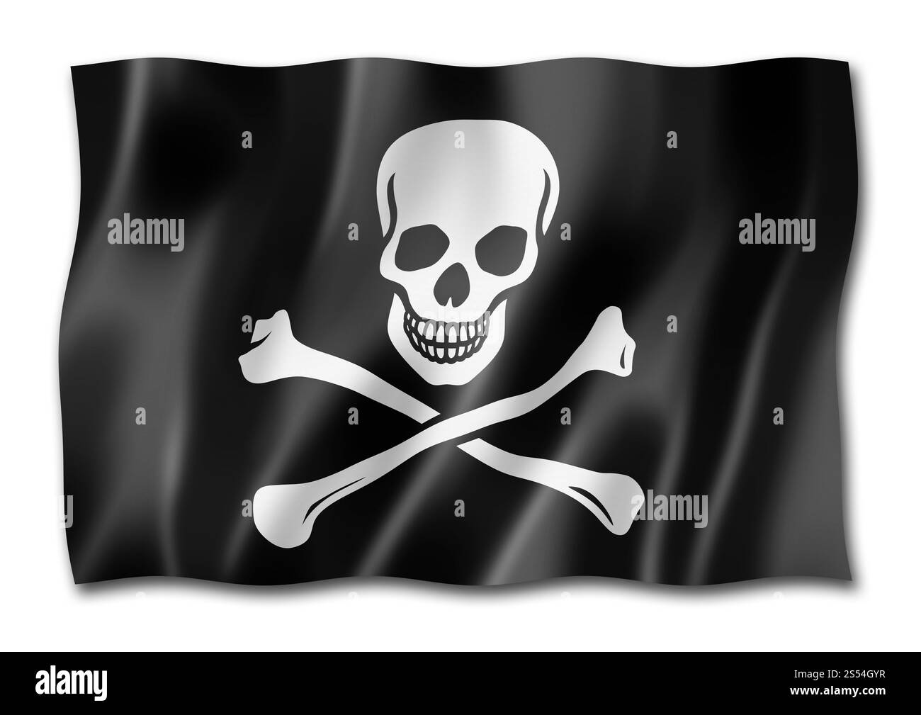 Bandiera dei pirati, Jolly Roger, resa tridimensionale, isolata sul bianco. Bandiera dei pirati, Jolly Roger isolata sul bianco Foto Stock