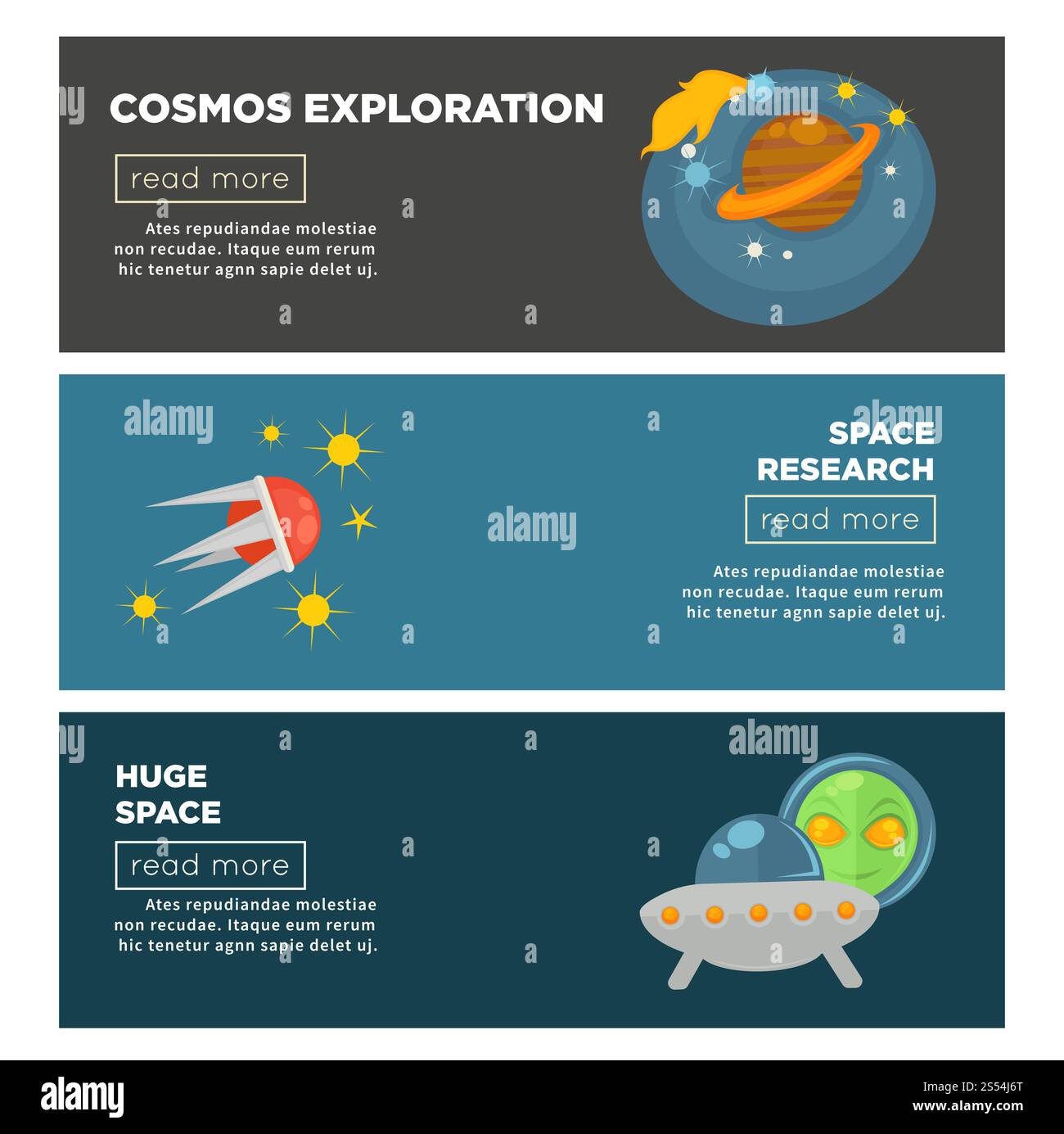 Modelli di banner piatti per esplorazione e ricerca spaziale COSMOS. Progettazione vettoriale di astronauta spaziale e satellite in stelle cosmiche, pianeti galassia e ufo e umanoide per la scienza spaziale. Modelli di banner vettoriali piatti per l'esplorazione e la ricerca nello spazio delle galassie COSMOS Illustrazione Vettoriale