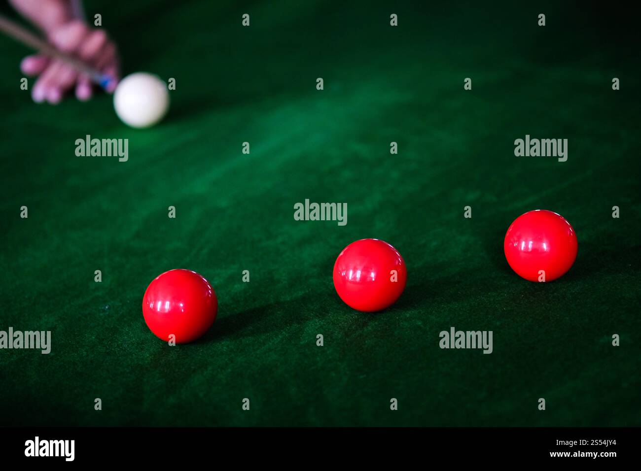 Mans mano e braccio cue giocano a biliardo o si preparano a sparare palle da biliardo su un tavolo da biliardo verde. Palline da biliardo colorate sul fregio verde Foto Stock