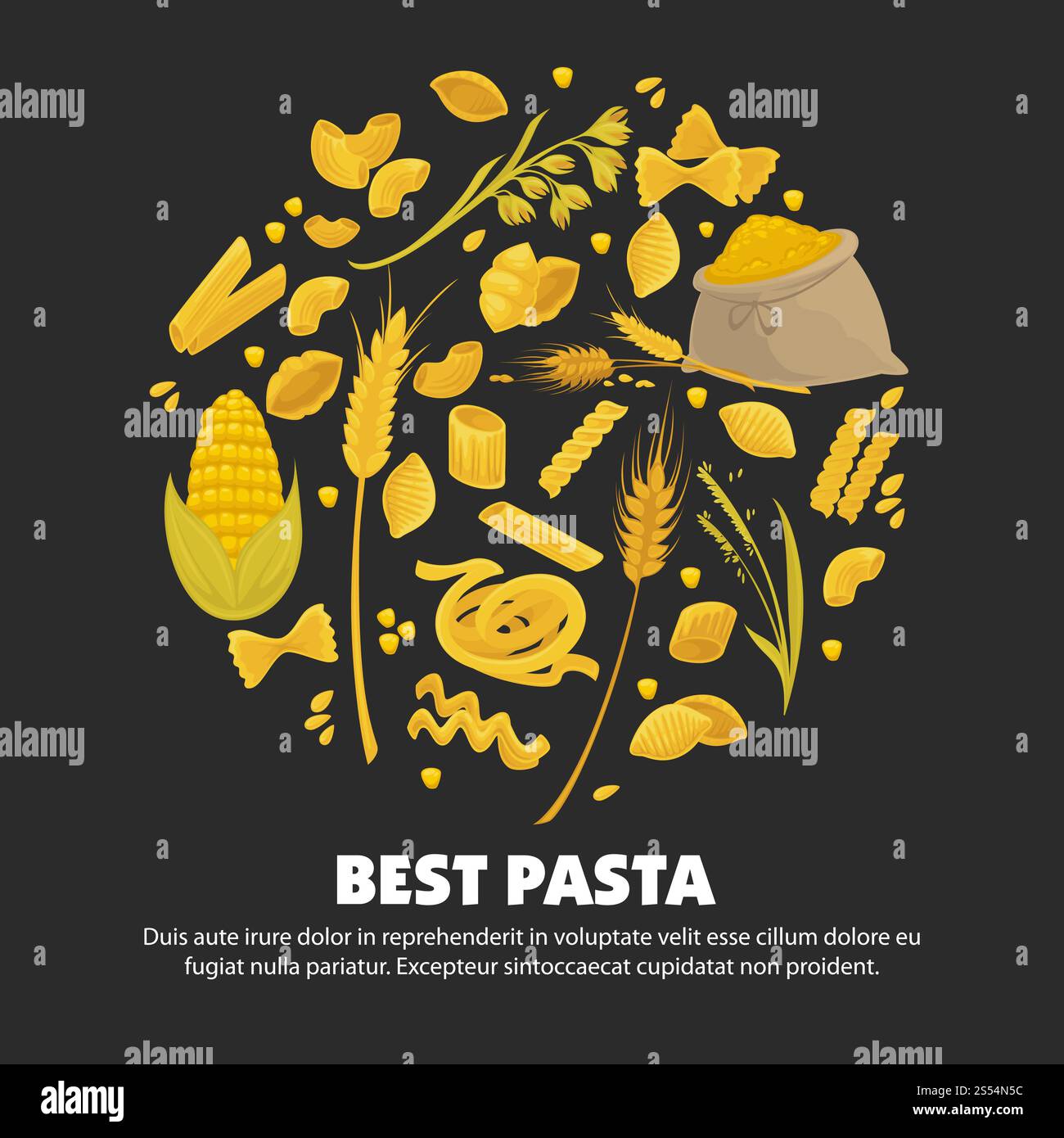 Delizioso poster pubblicitario di pasta italiana con prodotti di pasticceria, sacchetto di farina, orecchie di grano dorato e raccolto di mais maturo in un grande cerchio di illustrazioni vettoriali isolate su sfondo bianco. Delizioso poster pubblicitario di pasta italiana con prodotti di pasticceria Illustrazione Vettoriale