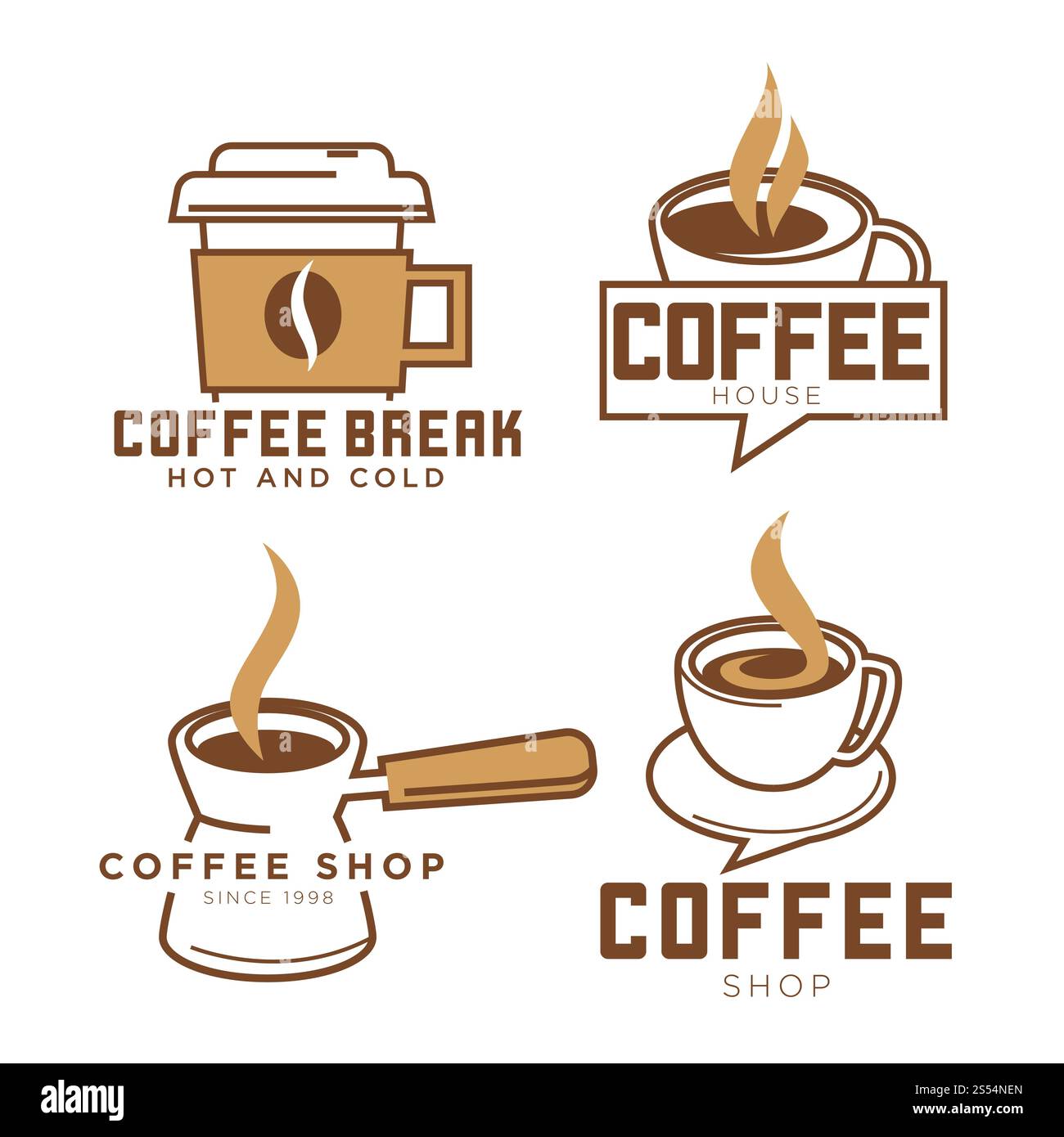 Modelli del logo della tazza da caffè impostati per il design di una caffetteria o di una caffetteria. Icone vettoriali di cuore cappuccino, tazza americana calda o macchina per caffè espresso e chicchi. Caffetteria, icone vettoriali delle tazze da caffè impostate per i caffè o le caffetterie Illustrazione Vettoriale