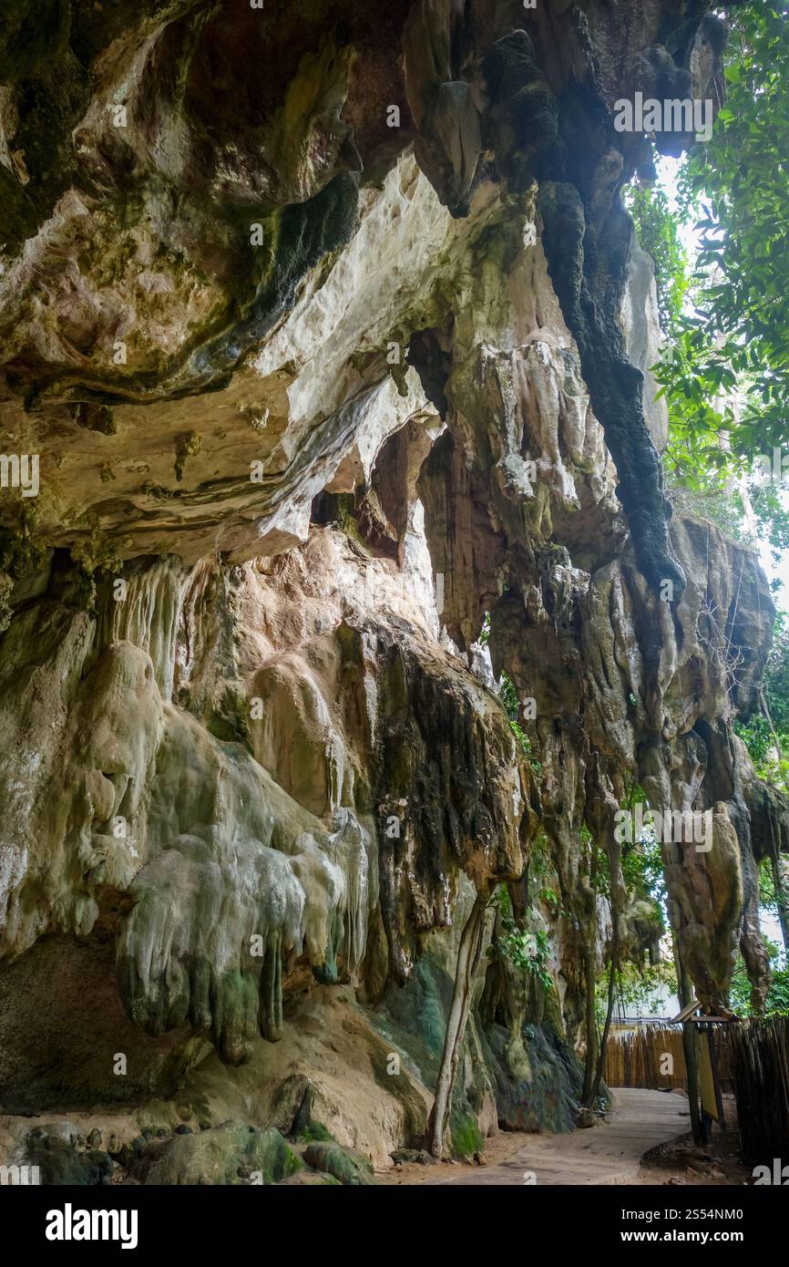 Scogliere calcaree sulla spiaggia di Railay, Krabi, Thailandia. Scogliere calcaree a Krabi, Thailandia Foto Stock