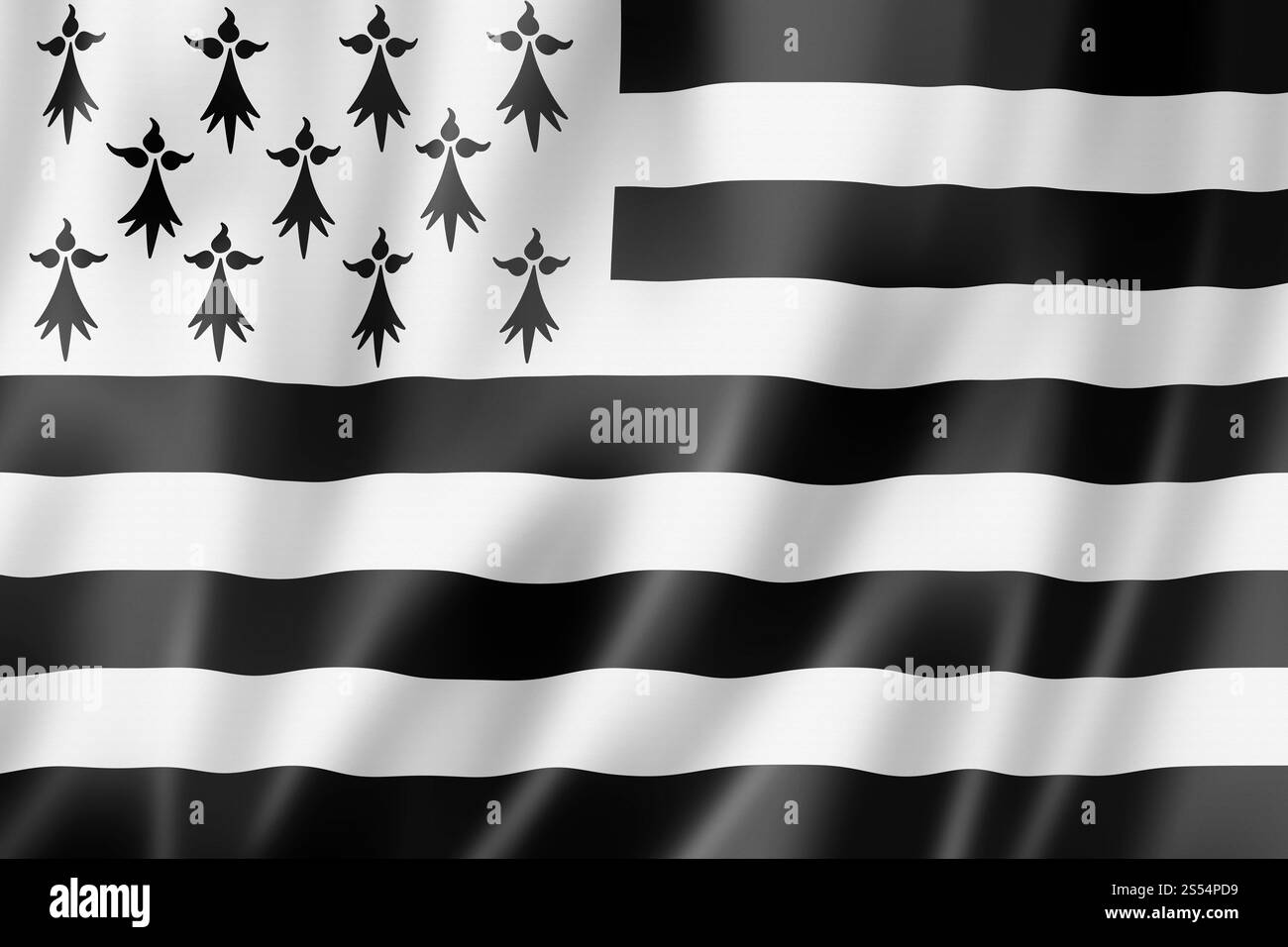 Bandiera della regione della Bretagna, collezione di striscioni ondulati della Francia. Illustrazione 3D. Regione Bretagne - Gwen ha Du - bandiera, Francia Foto Stock