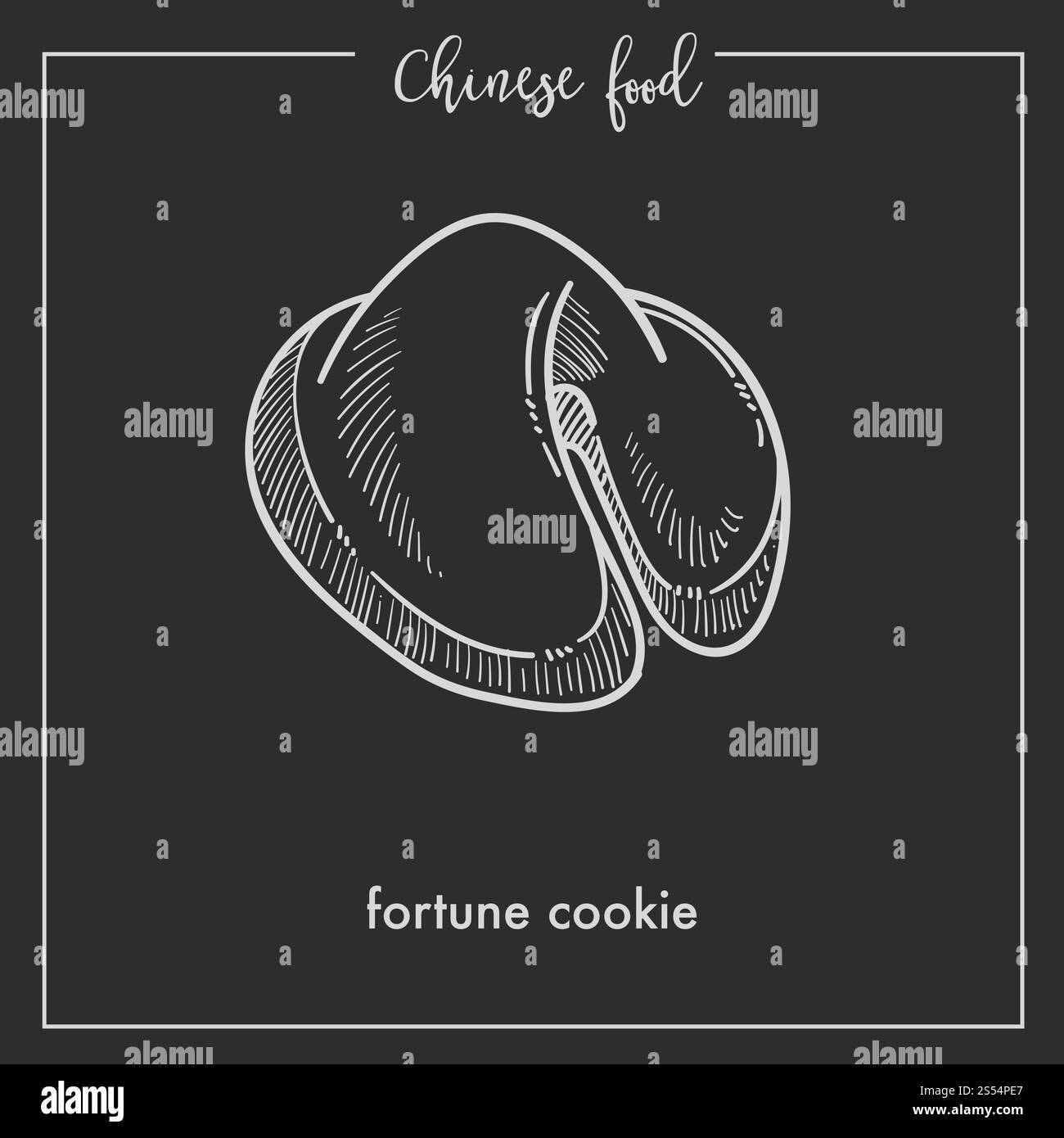 Gustoso biscotto della fortuna di cibo cinese poster monocromatico. Prodotto di pasticceria orientale croccante con una piccola nota all'interno di un cartone animato isolato, contorno bianco piatto, illustrazione vettoriale su sfondo nero. Gustosi biscotti della fortuna da poster monocromatico del cibo cinese Illustrazione Vettoriale