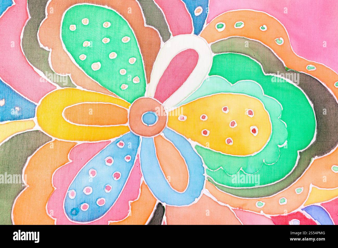 motivo floreale con tecnica batik a contorno freddo su tela di seta. motivo floreale in tecnica batik con contorno freddo Foto Stock