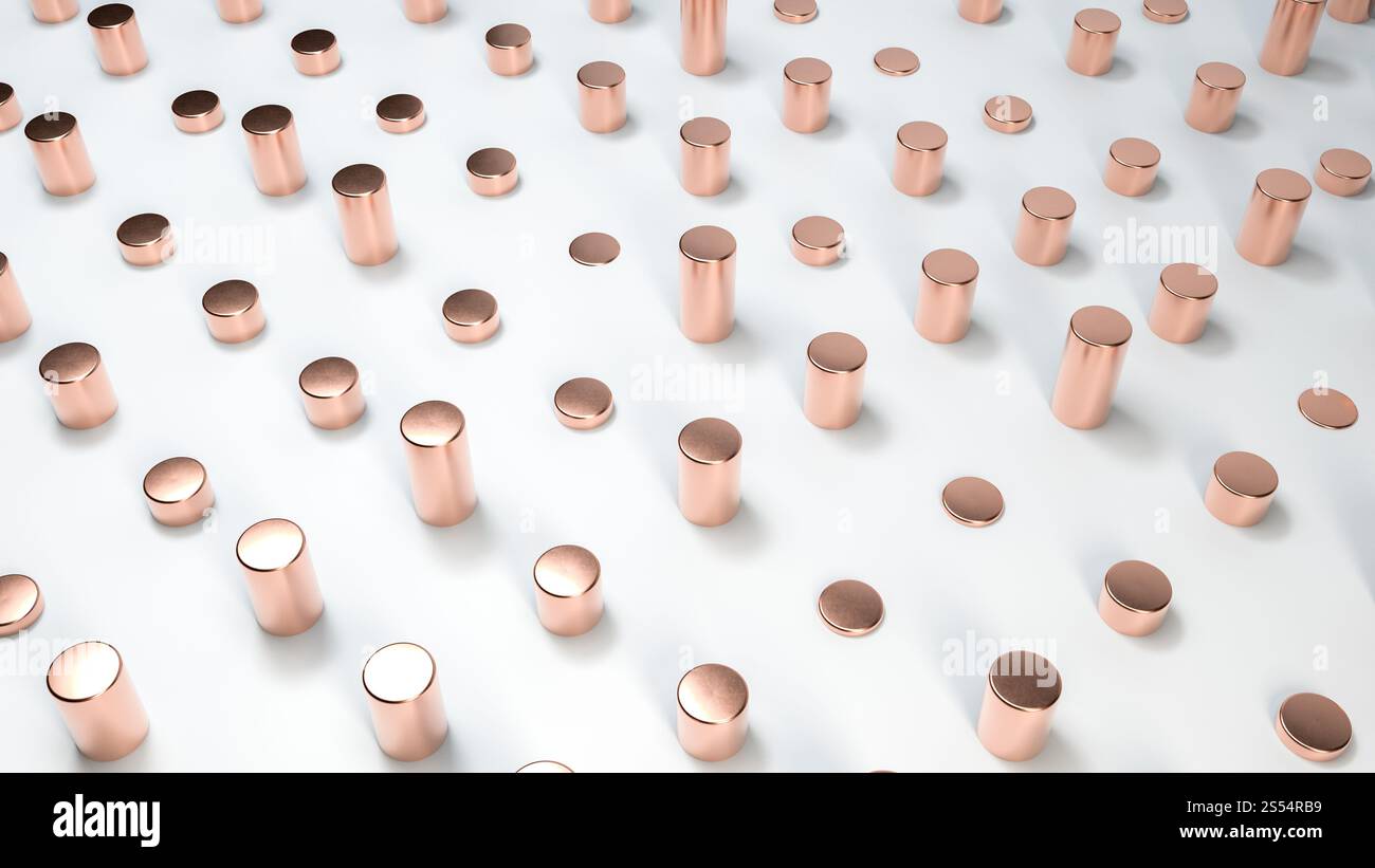 Elementi geometrici in rame o dorati su sfondo bianco. Rendering 3d astratto in stile minimalista. Elementi geometrici in rame o dorati su bianco Foto Stock