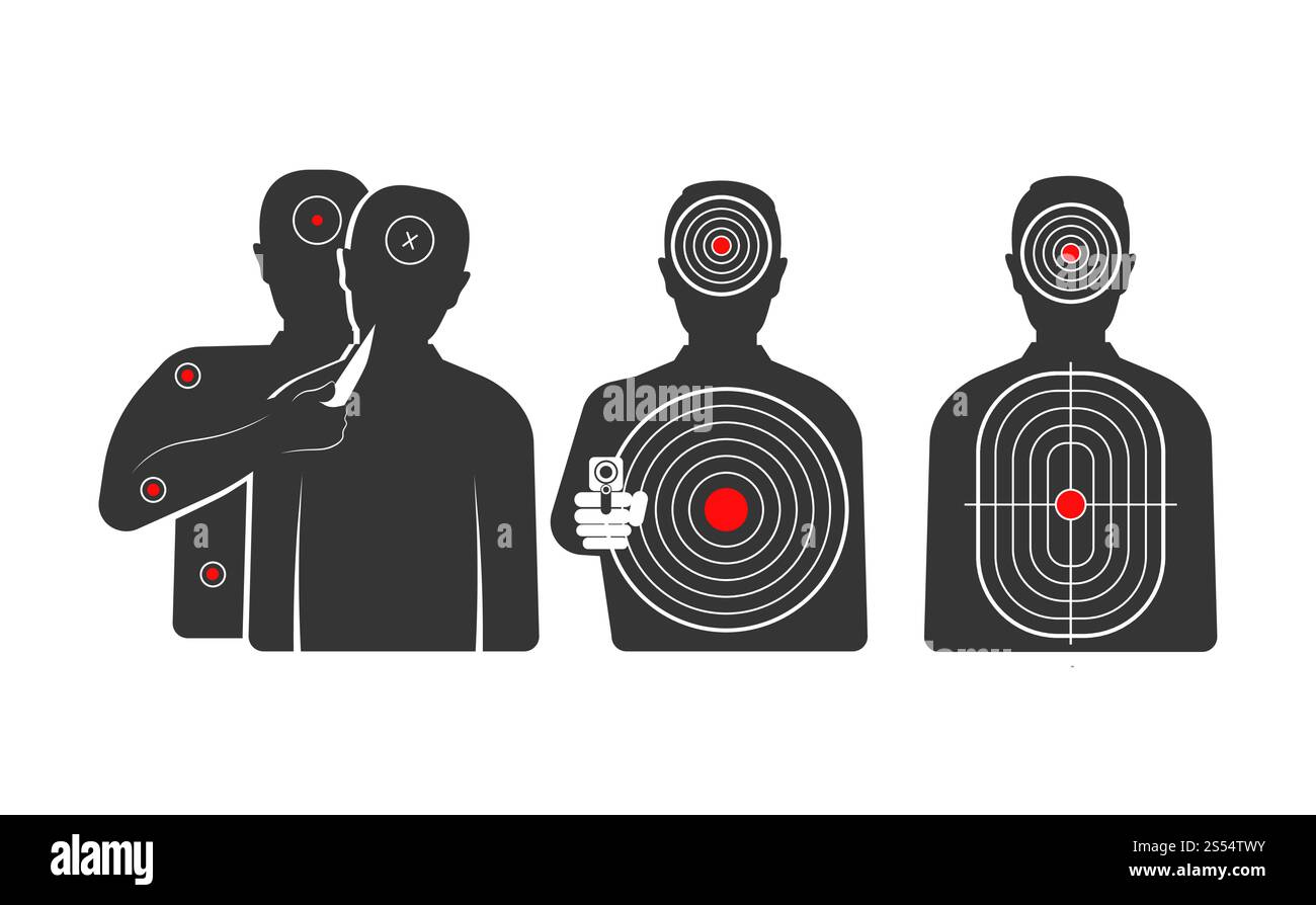 Obiettivi a forma di sagome umane per il set di addestramento dei poliziotti. Mira in forma di criminali con armi pericolose e illustrazioni vettoriali piatte isolate di cartoni animati su sfondo bianco. Obiettivi a forma di sagome umane per il set di training Illustrazione Vettoriale