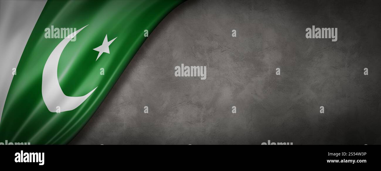 Bandiera pakistana su un muro di cemento. Striscione panoramico orizzontale. Illustrazione 3D. Bandiera pakistana su striscione da parete in cemento Foto Stock