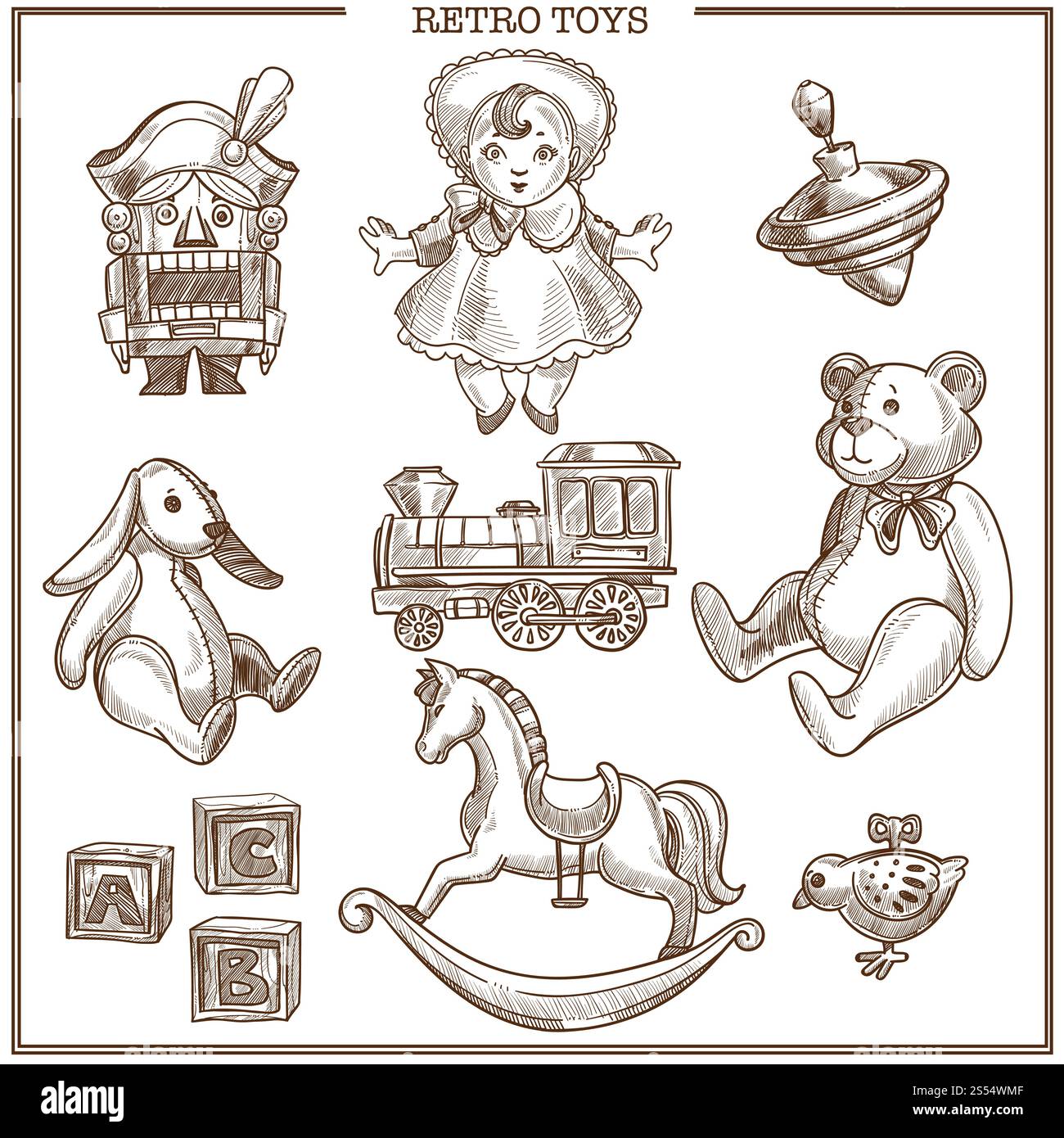 Collezione di schizzi di giocattoli retrò, icone disegnate a mano da Vector di bambola o schiaccianoci d'epoca, altalena del cavallo e peluche o coniglietto, cubi dell'alfabeto e giocosa a orologio, trenino giocattolo e top rotante. Set di icone vintage isolate disegnate a mano da un vettoriale retrò Illustrazione Vettoriale