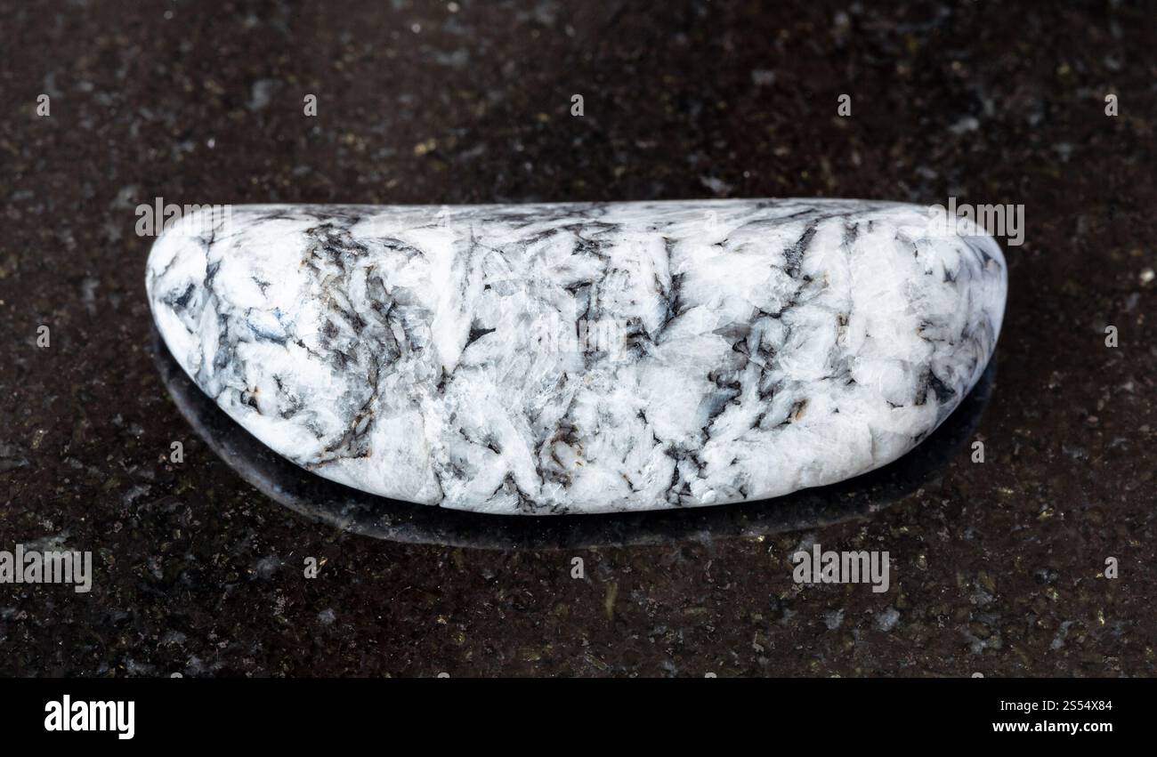 primo piano di un campione di minerale naturale proveniente dalla raccolta geologica - roccia Magnesite lucidata su fondo di granito nero proveniente dal deposito di Satkinskoe, Foto Stock