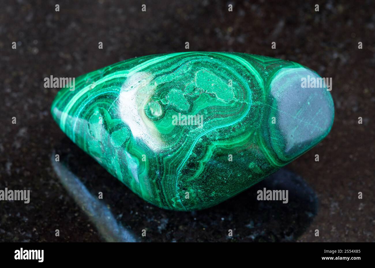 primo piano di un campione di minerale naturale proveniente dalla raccolta geologica - roccia malachite tumulata su fondo di granito nero dal Katanga, Congo. rovesciato Foto Stock