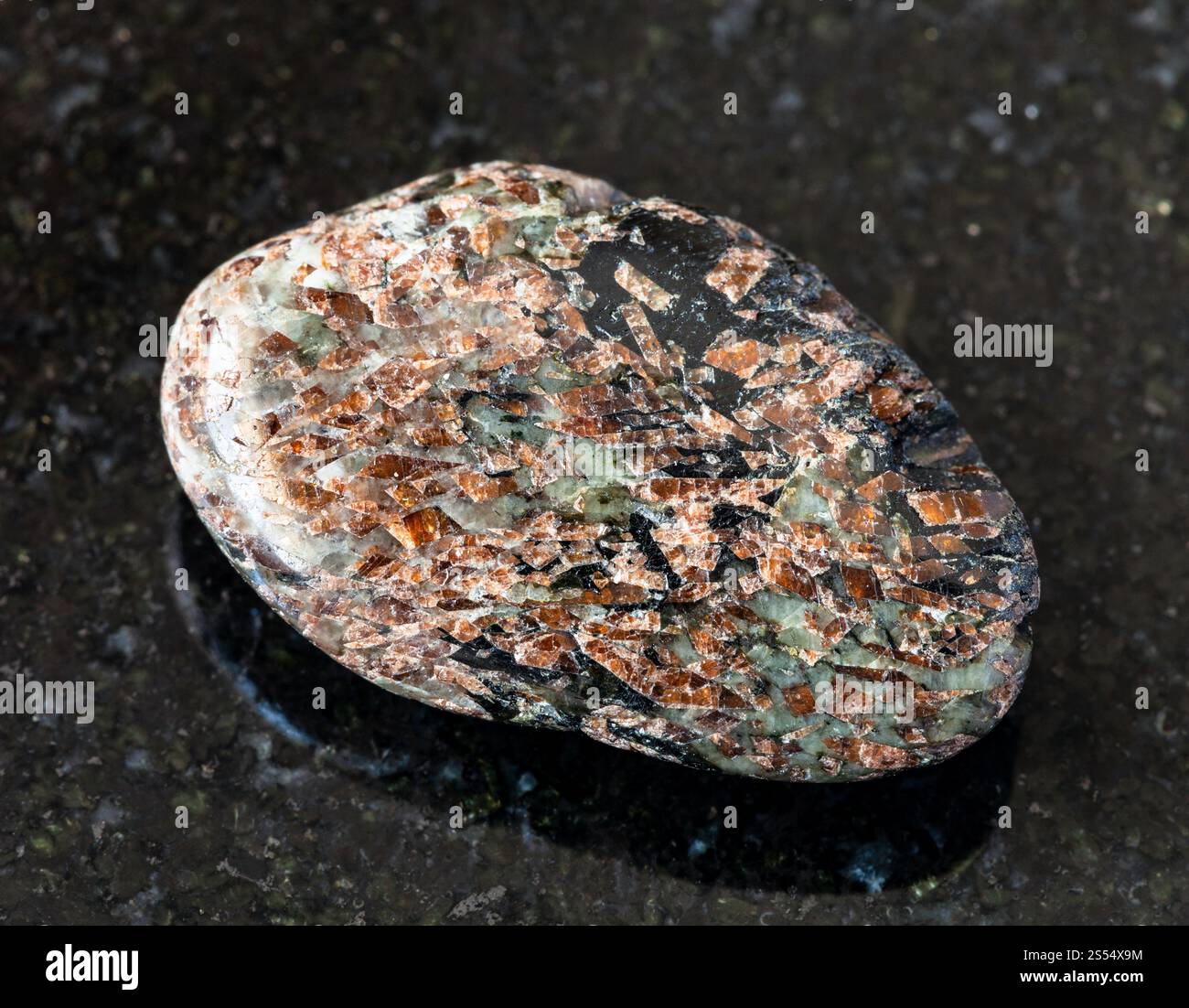 primo piano di un campione di minerale naturale proveniente dalla raccolta geologica - roccia di Titanite (Sphene) rovesciata su fondo di granito nero da Khibiny, Kola Foto Stock