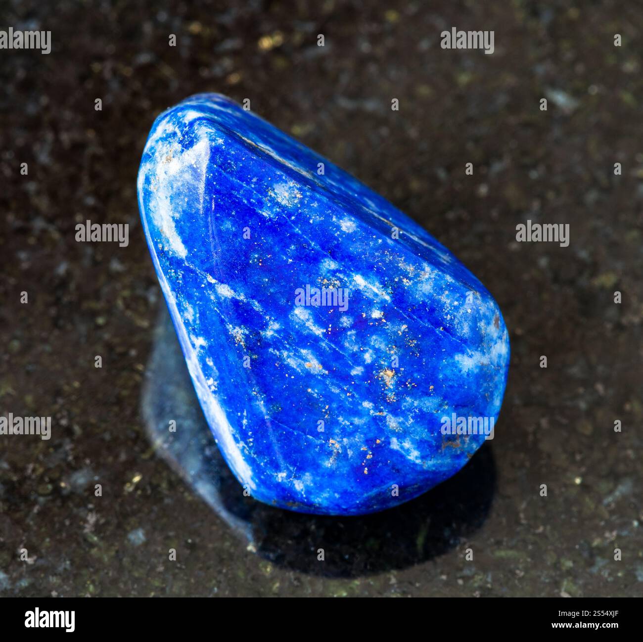 primo piano di un campione di minerale naturale proveniente dalla collezione geologica - roccia laminata di Lapis Lazuli (Lazurite) su fondo di granito nero proveniente dall'Afghanistan. Foto Stock