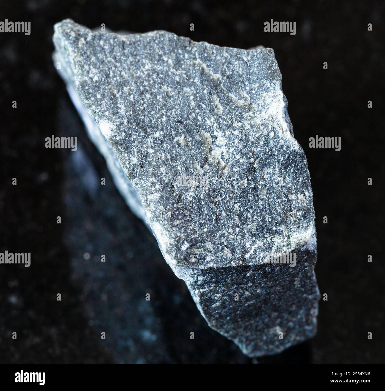 primo piano di un campione di minerale naturale proveniente dalla collezione geologica - roccia andesite non lucidata su fondo di granito nero. Roccia di andesite non lucidata Foto Stock