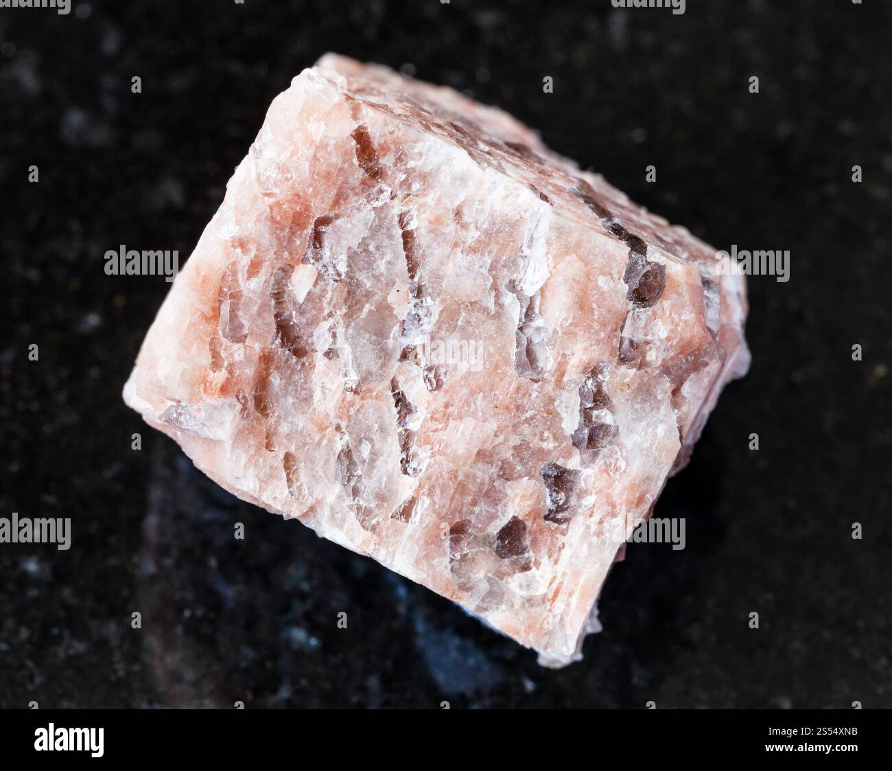 primo piano di un campione di minerale naturale proveniente dalla collezione geologica - pietra Pegmatite di granito non lucidata su fondo di granito nero. Granito non lucidato Foto Stock