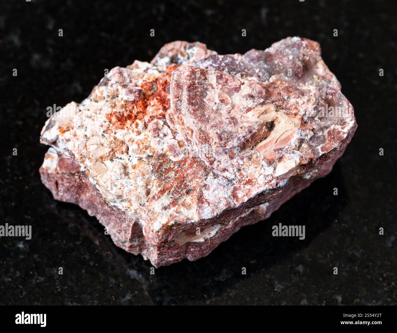 primo piano di un campione di minerale naturale proveniente dalla collezione geologica - roccia di Rhyolite non lucidata su fondo di granito nero. Rhyolite non lucidata Foto Stock