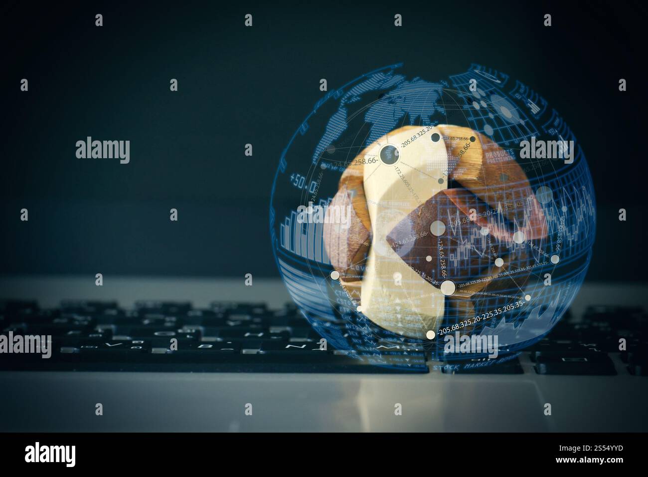 Intelligenza (BI) e analisi aziendale (BA) con dashboard indicatori chiave di prestazioni (KPI) nel globo della realtà virtuale formano il concetto.globo di texture in legno con Foto Stock