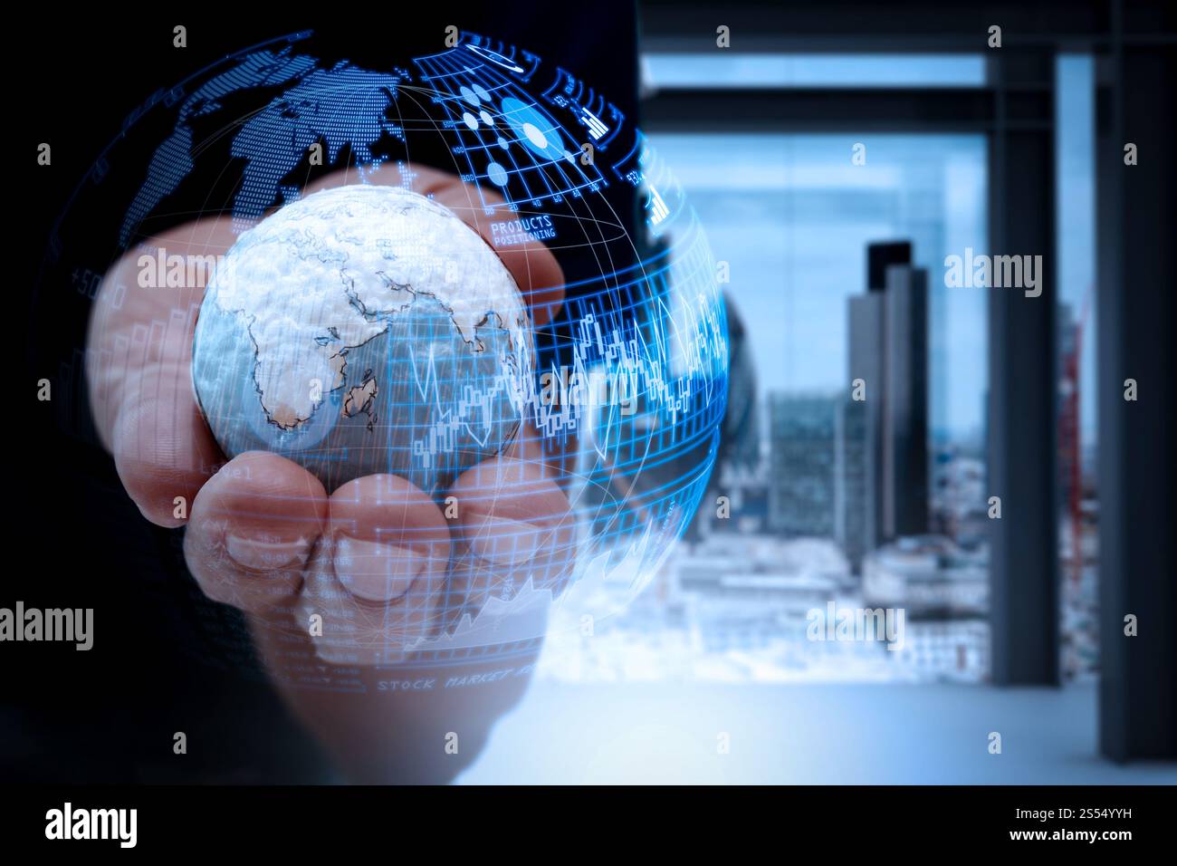 Intelligenza (BI) e analisi aziendale (BA) con dashboard indicatori chiave di prestazioni (KPI) nel globo della realtà virtuale forma concetto.illustrazione mano d'affari Foto Stock