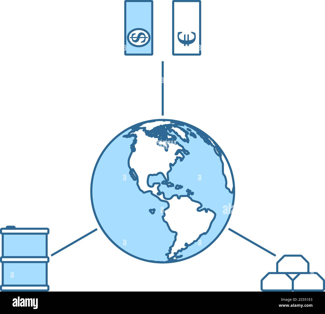 Olio, dollaro e oro con Planet concetto icona. Linea sottile con riempimento blu Design. Illustrazione Vettoriale. Illustrazione Vettoriale
