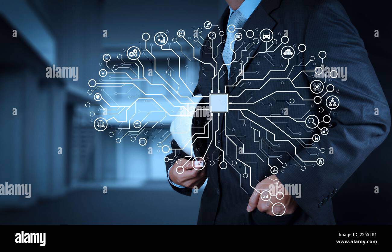 Intelligenza artificiale (ai), apprendimento automatico con tecnologia di data mining su un cruscotto virtuale. Business Architect e il suo background in una casa moderna Foto Stock