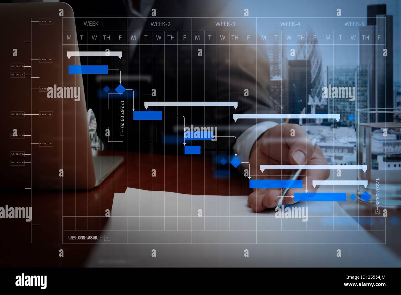 Project manager che lavora e aggiorna le attività con le fasi cardine la pianificazione dei progressi e il diagramma di pianificazione dei grafici Gantt.uomo d'affari o venditore che consegna un Foto Stock