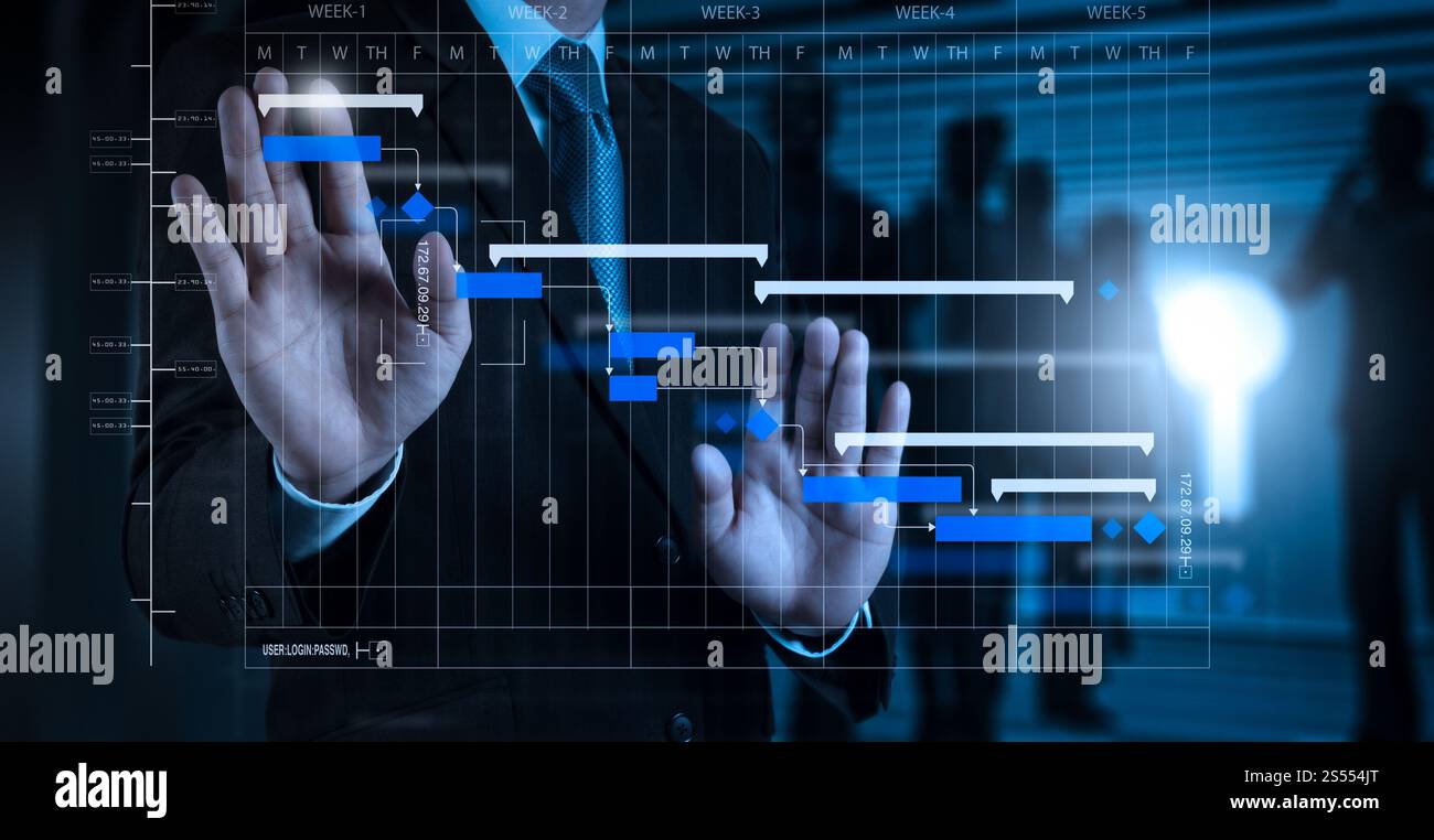 Project manager che lavora e aggiorna le attività con le fasi cardine la pianificazione dei progressi e il diagramma di pianificazione dei grafici Gantt. Uomo d'affari che spinge un immaginario Foto Stock