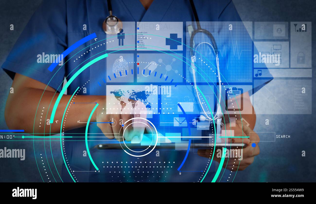 Diagramma dei servizi medici generici (GMS) e dei medici generici (GPS o medici di famiglia). Medico medico che lavora con un moderno tablet computer e. Foto Stock