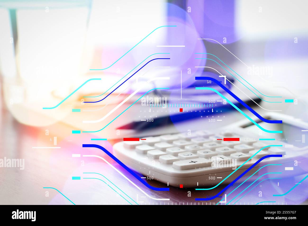 Concetto di focalizzazione sul target con diagramma digitale.primo piano dei documenti aziendali sul tavolo da ufficio con calcolatrice e occhiali Foto Stock