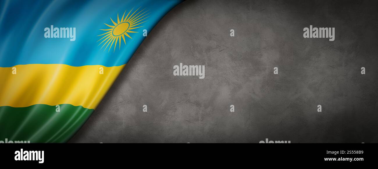 Bandiera del Ruanda su un muro di cemento. Striscione panoramico orizzontale. Illustrazione 3D. Bandiera del Ruanda su striscione da parete in cemento Foto Stock