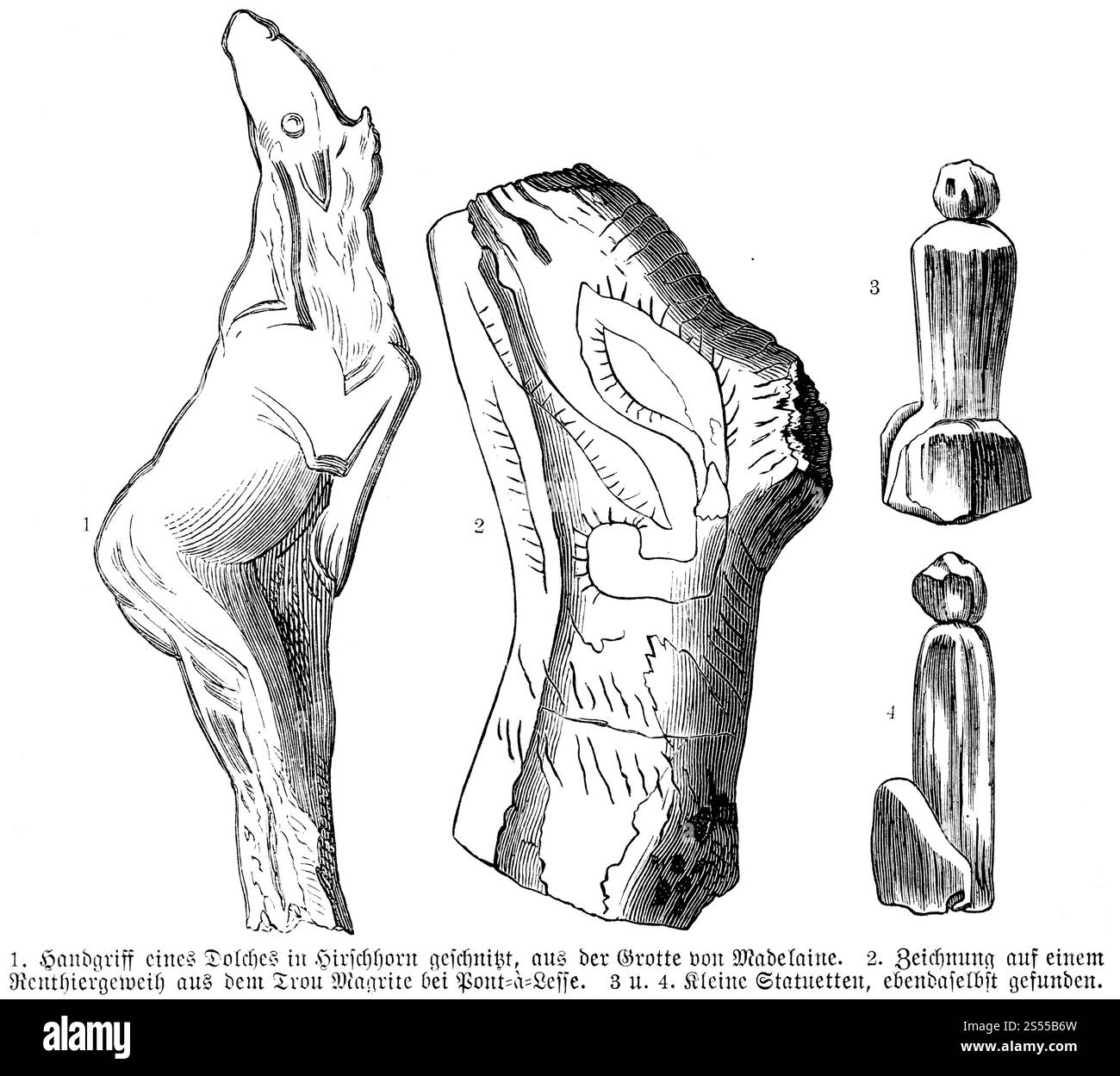 Manico di un pugnale dalle Grotte de la Madeleine e decorazioni di corna di renne e piccole statuette, grotta vicino a Pont a Lesse, artigianato, arte, disegno Foto Stock