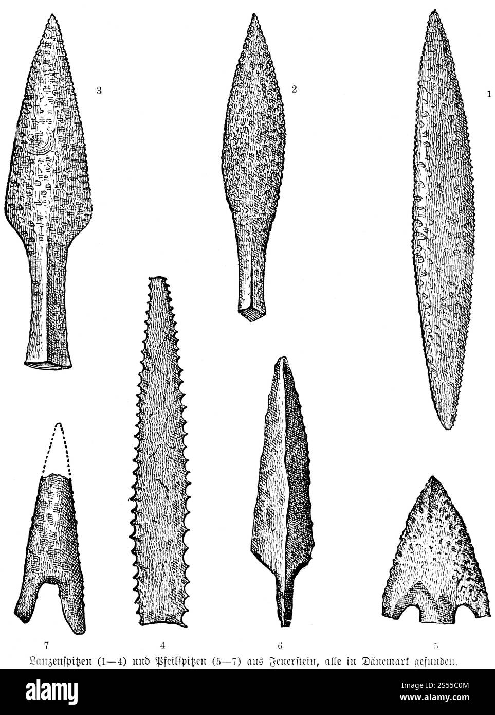 Armi Flint, punte di lancia (1-4) e punte di freccia (5-7), archeologia, età della pietra, storia dell'umanità preistorica, Danimarca, illustrazione storica 1880, E. Foto Stock