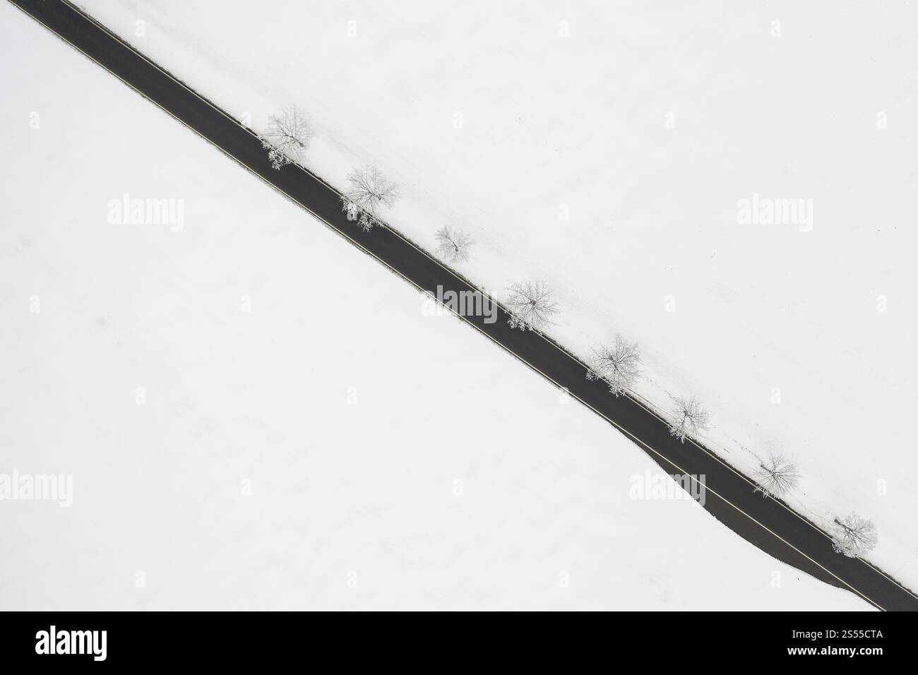 Vista aerea di una strada di campagna rettilinea sulla neve, vicino a Oederan, Sassonia, Germania, Europa Foto Stock
