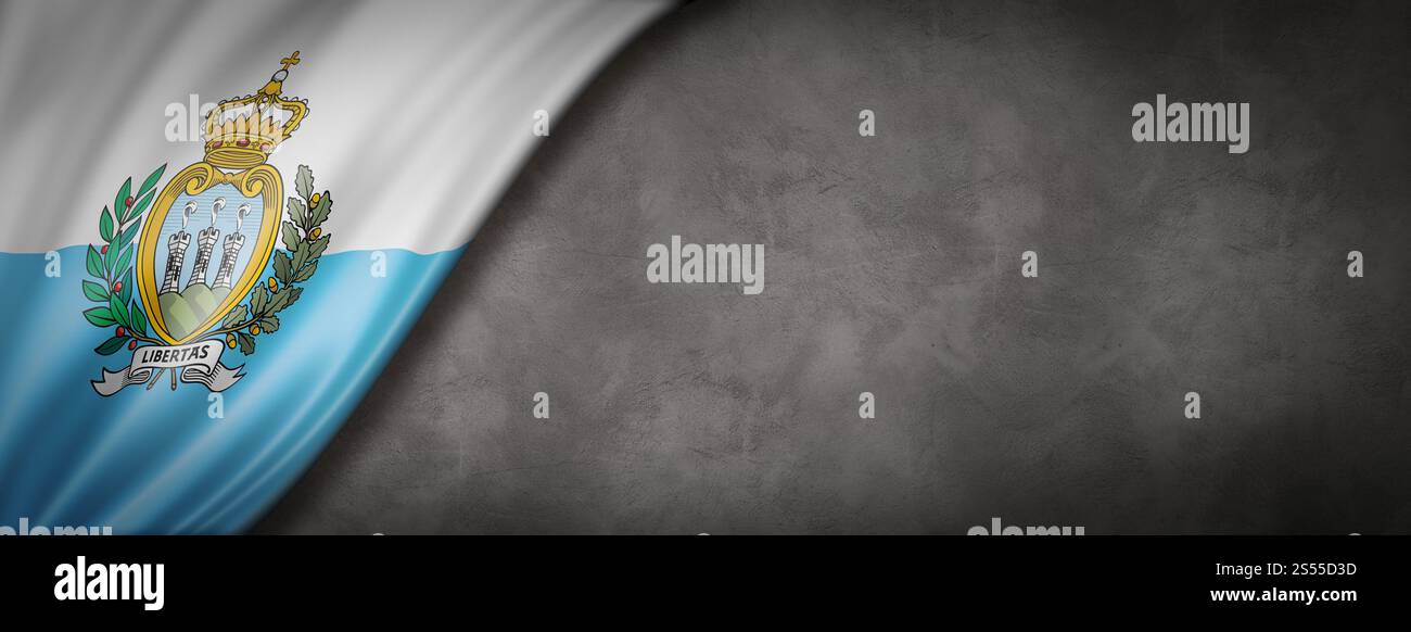 Bandiera di San Marino su un muro di cemento. Striscione panoramico orizzontale. Illustrazione 3D. Bandiera di San Marino su striscione da parete in cemento Foto Stock