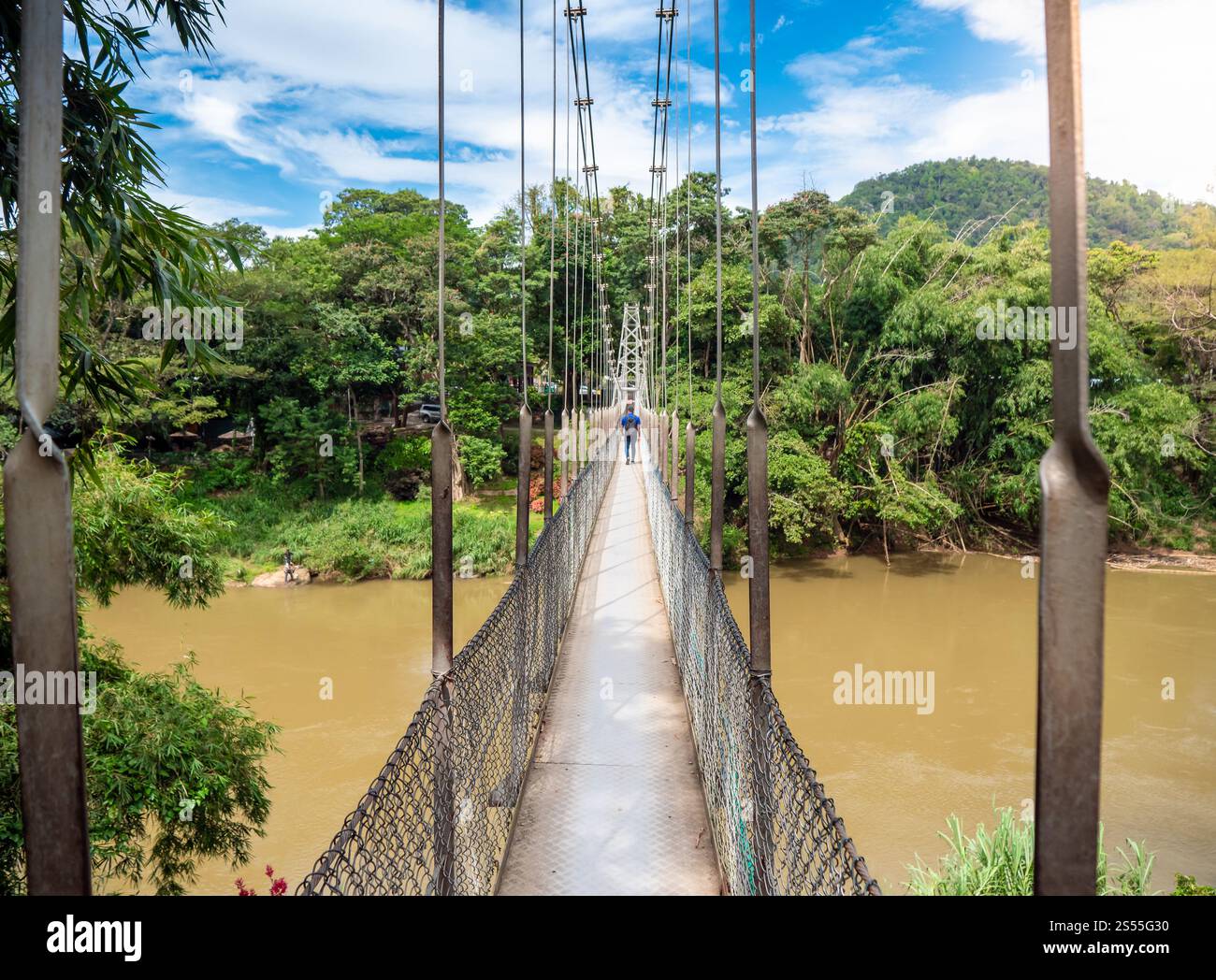 Splendida foto dello stretto ponte sospeso sul fiume tropicale nello Sri Lanka. Splendida immagine del vecchio ponte sospeso sul Foto Stock