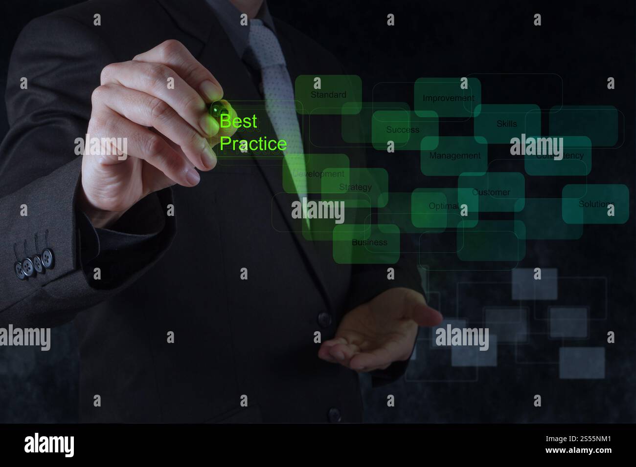 Imprenditore disegna a mano le migliori prassi parola sulla schermata virtuale come concetto Foto Stock