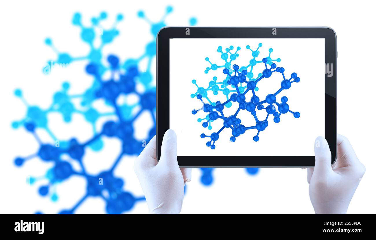 Medico mano utilizzando computer tablet visualizza molacuiles struttura come concetto medico Foto Stock