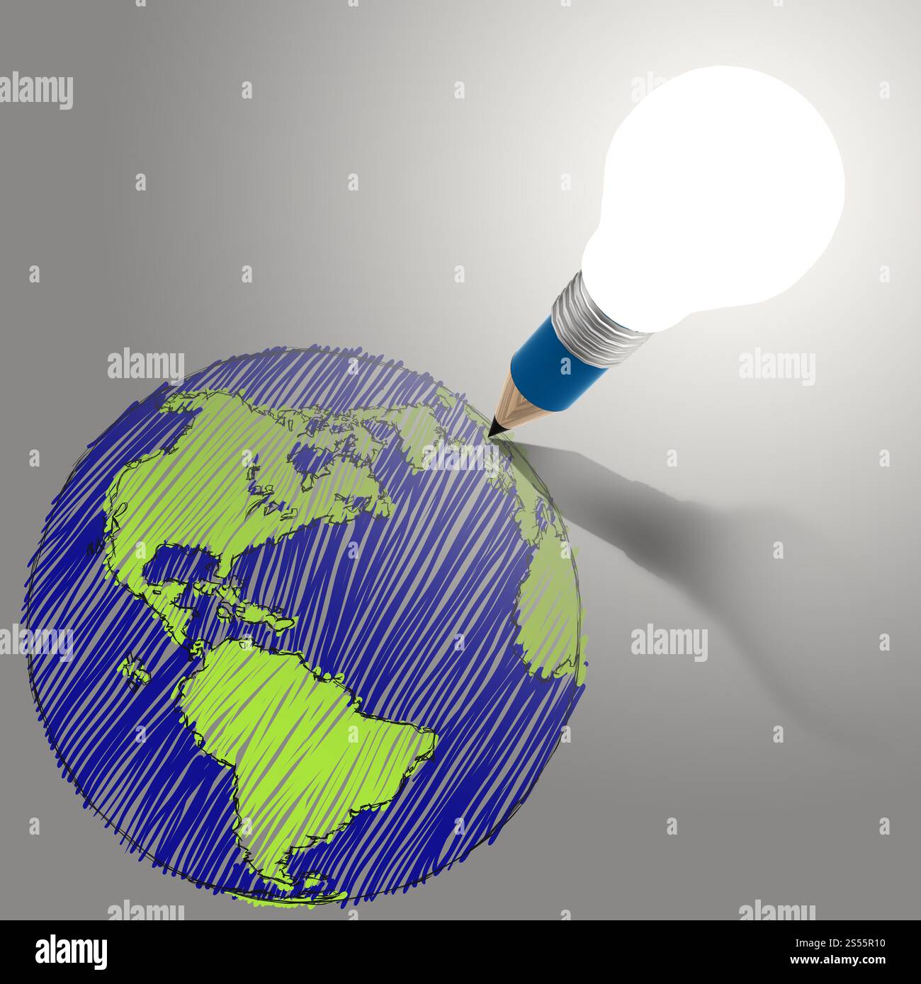 Matita creative lampadina luce di disegno di testa la terra come concetto Foto Stock