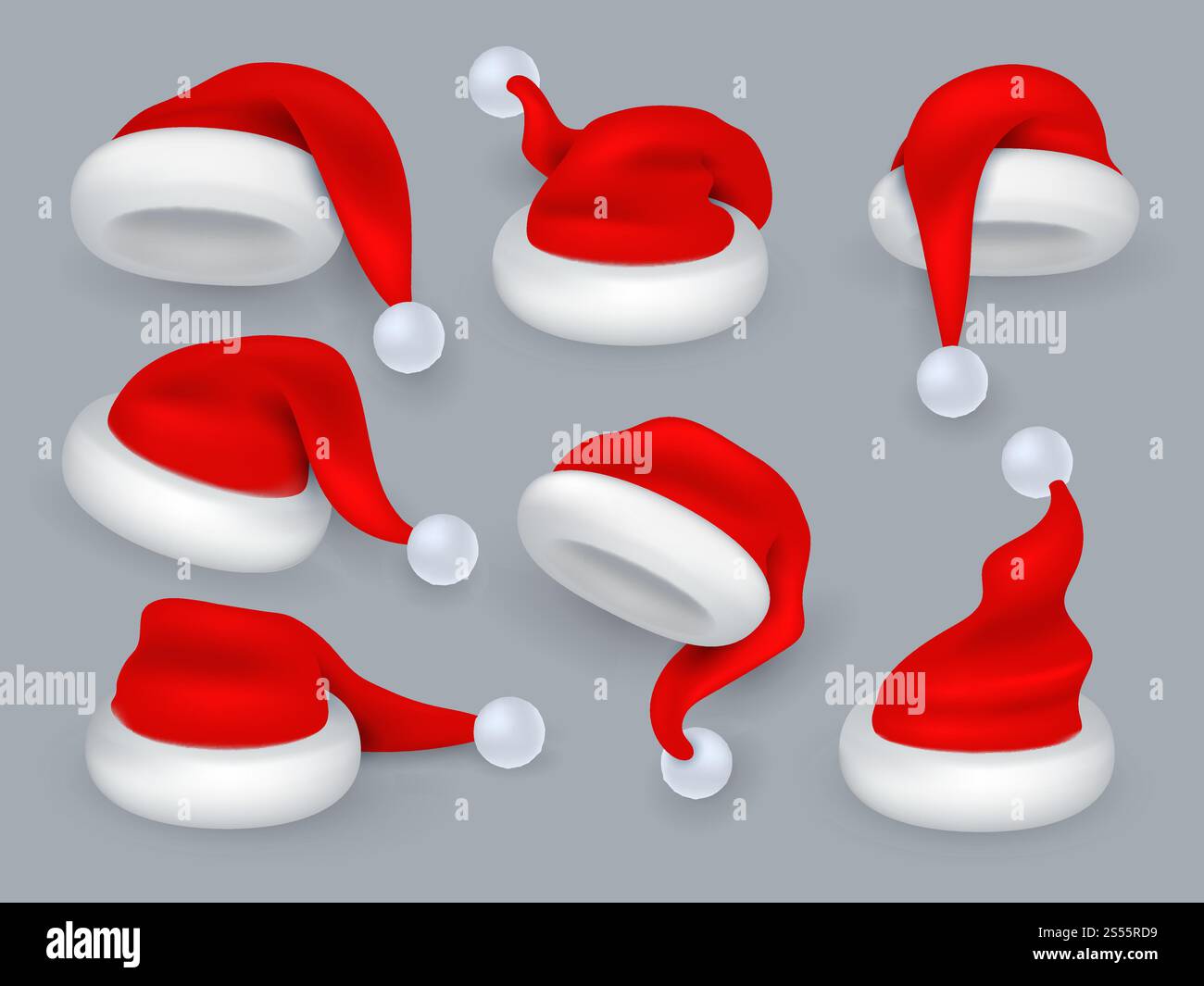 Cappelli di Babbo Natale. Cappello di babbo Natale 3d natalizio, berretti rossi per le vacanze invernali con pelliccia. Set isolato vettoriale realistico di cappello di babbo natale con pelliccia, illustrazione di abbigliamento natalizio. Cappelli di Babbo Natale. Cappello di babbo Natale 3d natalizio, berretti rossi per le vacanze invernali con pelliccia. Set isolato realistico vettoriale Illustrazione Vettoriale