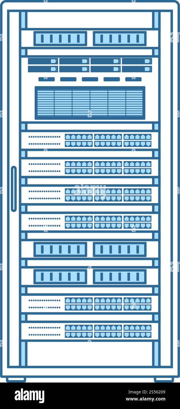 Rack di server e la relativa icona. Linea sottile con riempimento blu Design. Illustrazione Vettoriale. Illustrazione Vettoriale