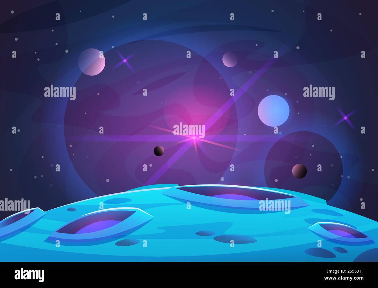 Spazio e pianeta. Pianeti con crateri, stelle e comete nello spazio oscuro. Illustrazione vettoriale. Cielo spaziale con pianeta e satellite. Spazio e pianeta. Pianeti con crateri, stelle e comete nello spazio oscuro. Illustrazione vettoriale Illustrazione Vettoriale