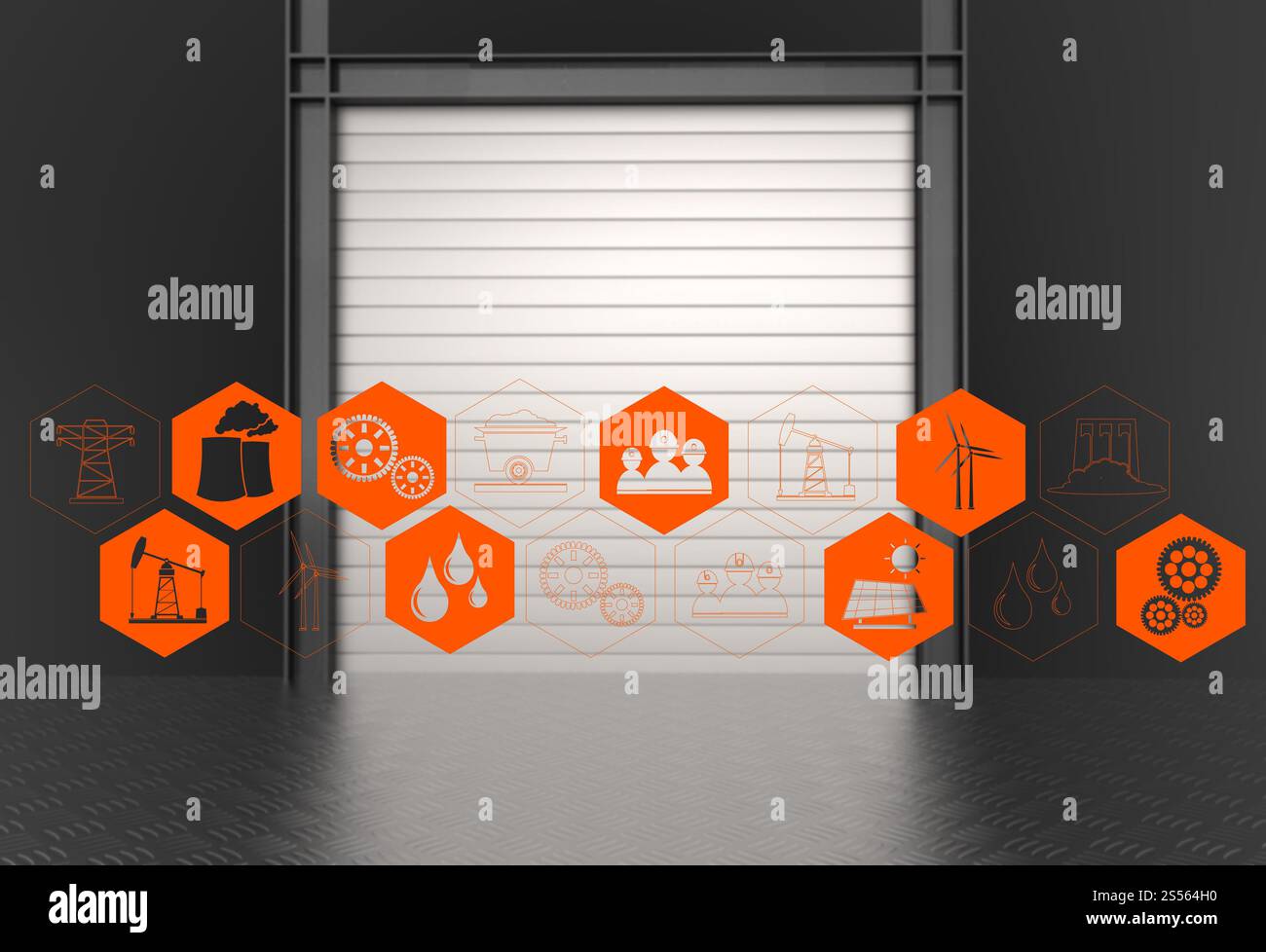 Icone del settore industria su sfondo di gate come concept design Foto Stock