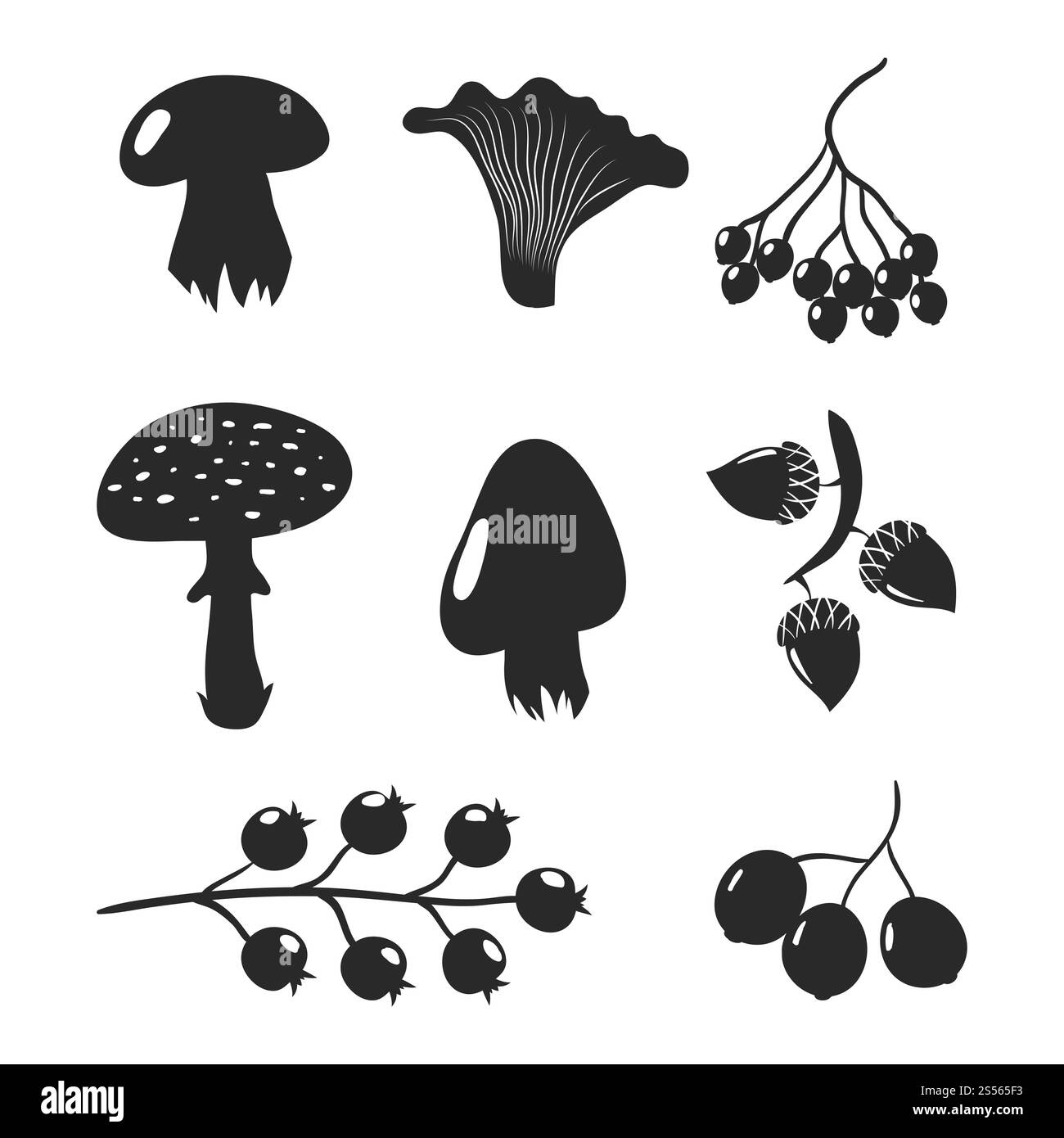 Sagome nere di funghi e frutti di bosco isolate su sfondo bianco. Illustrazione vettoriale degli oggetti della foresta autunnale. Sagome nere di funghi e frutti di bosco isolate su sfondo bianco Illustrazione Vettoriale