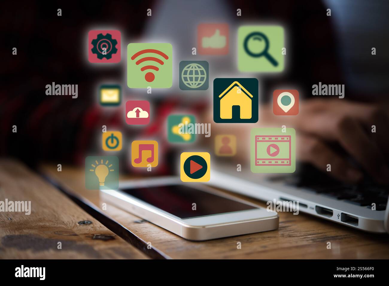 Smartphone con rete e comunicazione icone piana. La tecnologia digital nozione comunitaria. Foto Stock