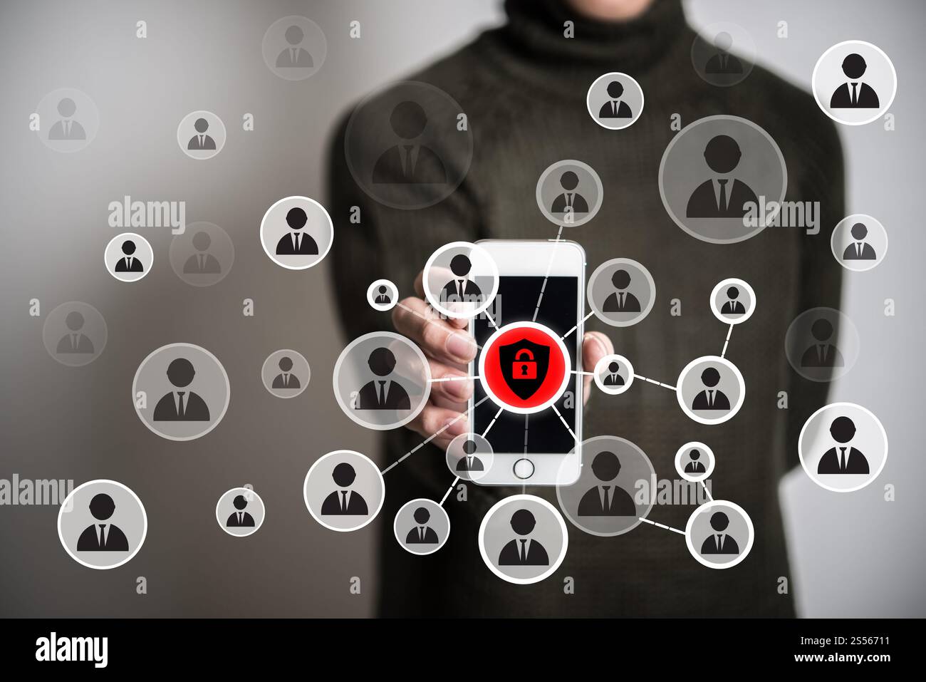 Giovane Azienda moderna smartphone con protezione dalle persone icone sullo sfondo per lo schermo. Foto Stock
